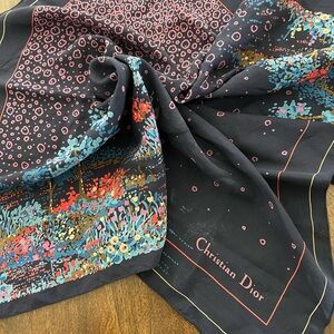 Silk scarf, Christian Dior, navy with stunning florals